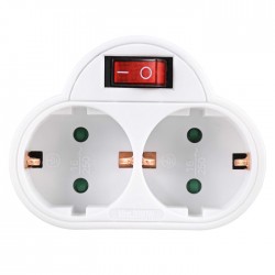 Power socket splitter with 2 schuko outlets and on/off switch.